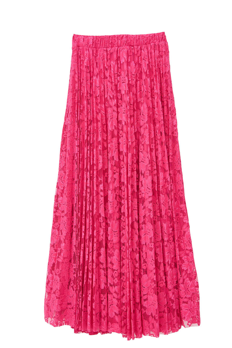 Beli Lastikli Pileli Dantel Etek - Fuchsia