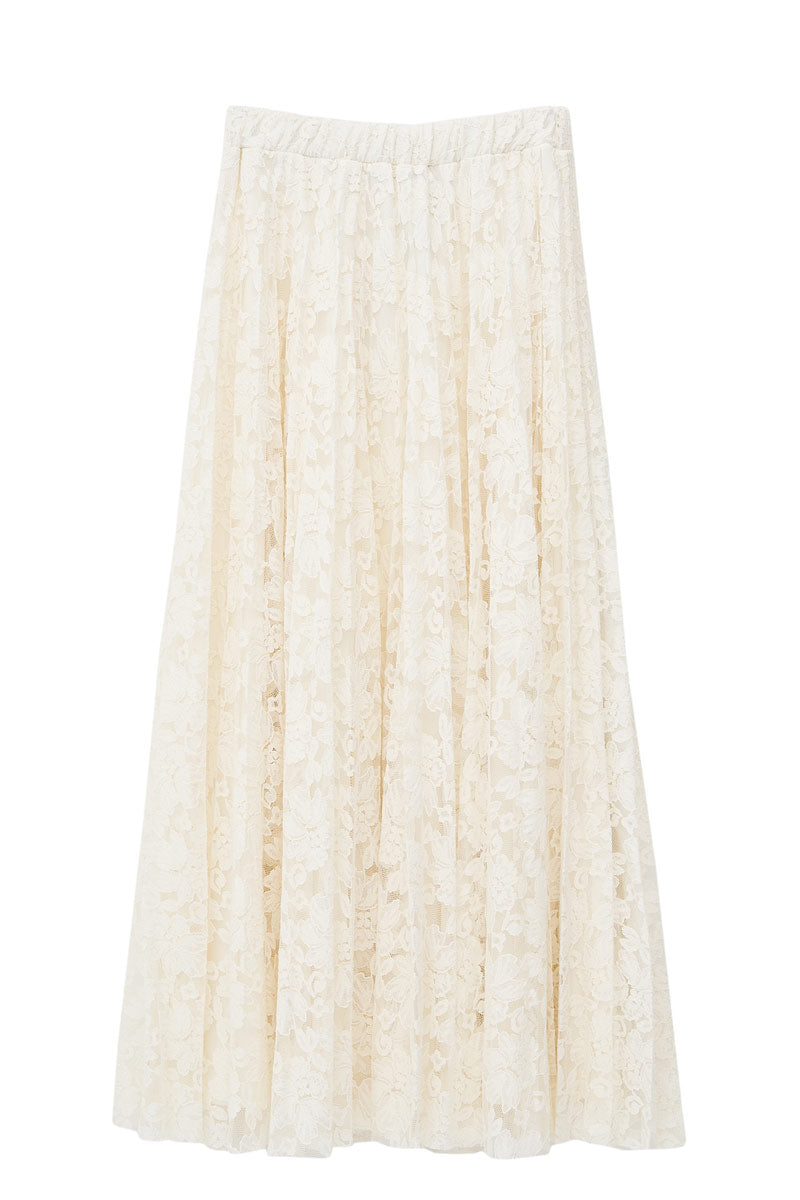 Beli Lastikli Pileli Dantel Etek - Offwhite