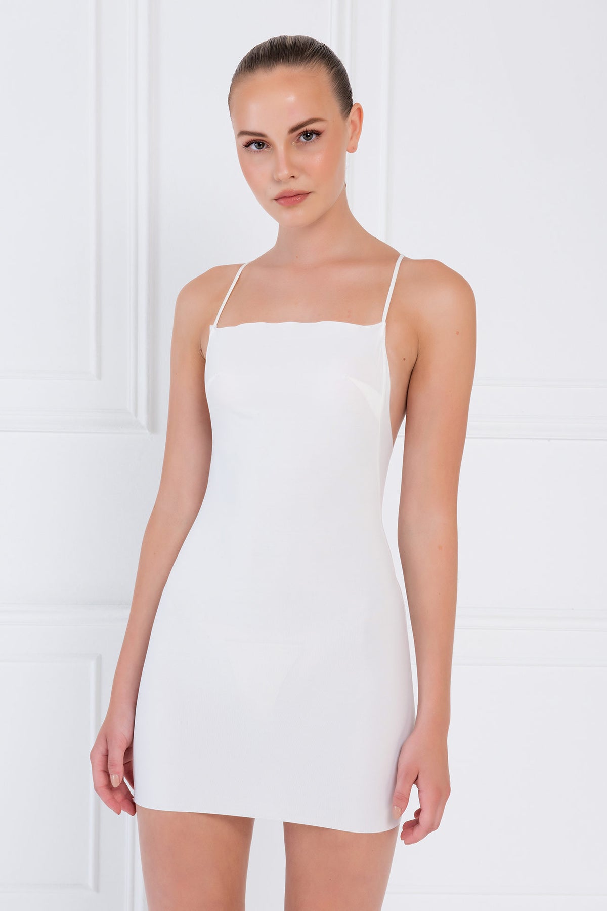 Sırtı Çapraz Mini Korse Elbise - Offwhite ön
