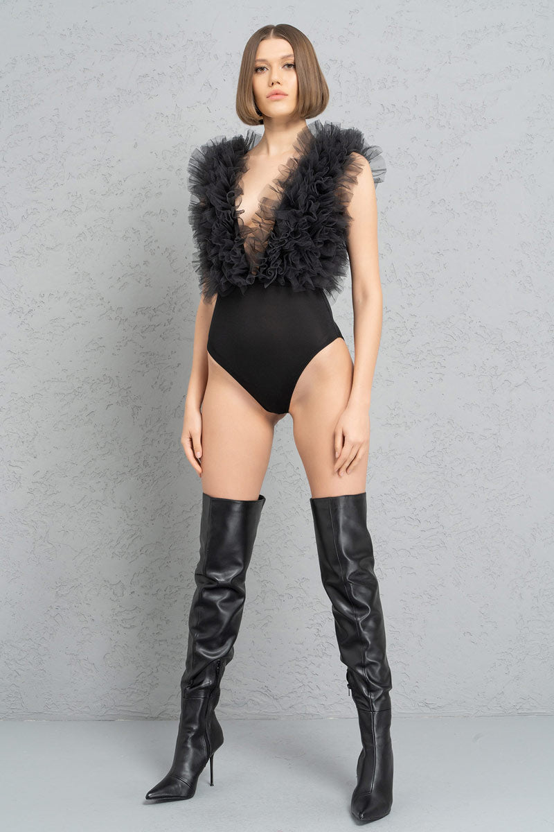 Tül Fırfırlı Kolsuz Bodysuit