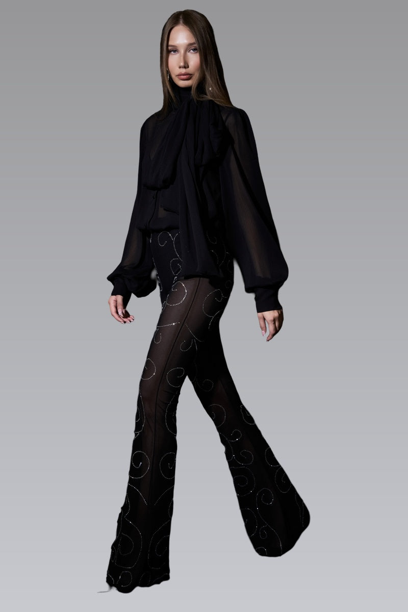 Kristal Taşlı Transparan Tül Pantolon - Black ön