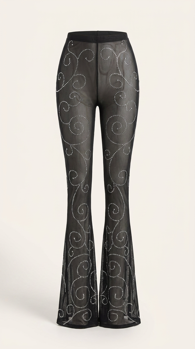 Kristal Taşlı Transparan Tül Pantolon - Black