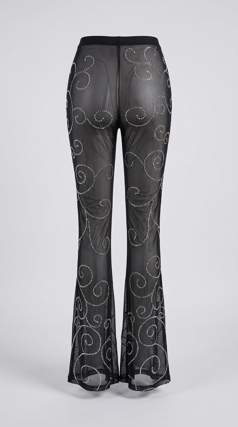 Kristal Taşlı Transparan Tül Pantolon - Black