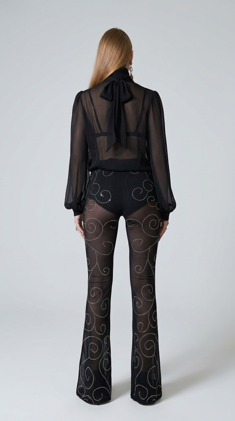 Kristal Taşlı Transparan Tül Pantolon - Black