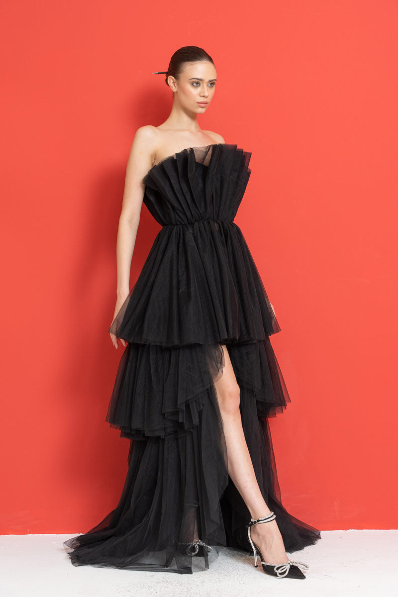 Straplez Volanlı Mini Elbise - Black yan