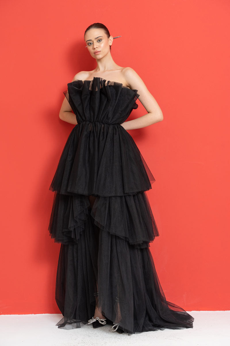 Straplez Volanlı Mini Elbise - Black ön