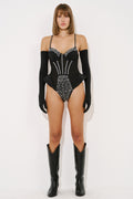 Eldiven Detaylı Askılı Taşlı Bodysuit