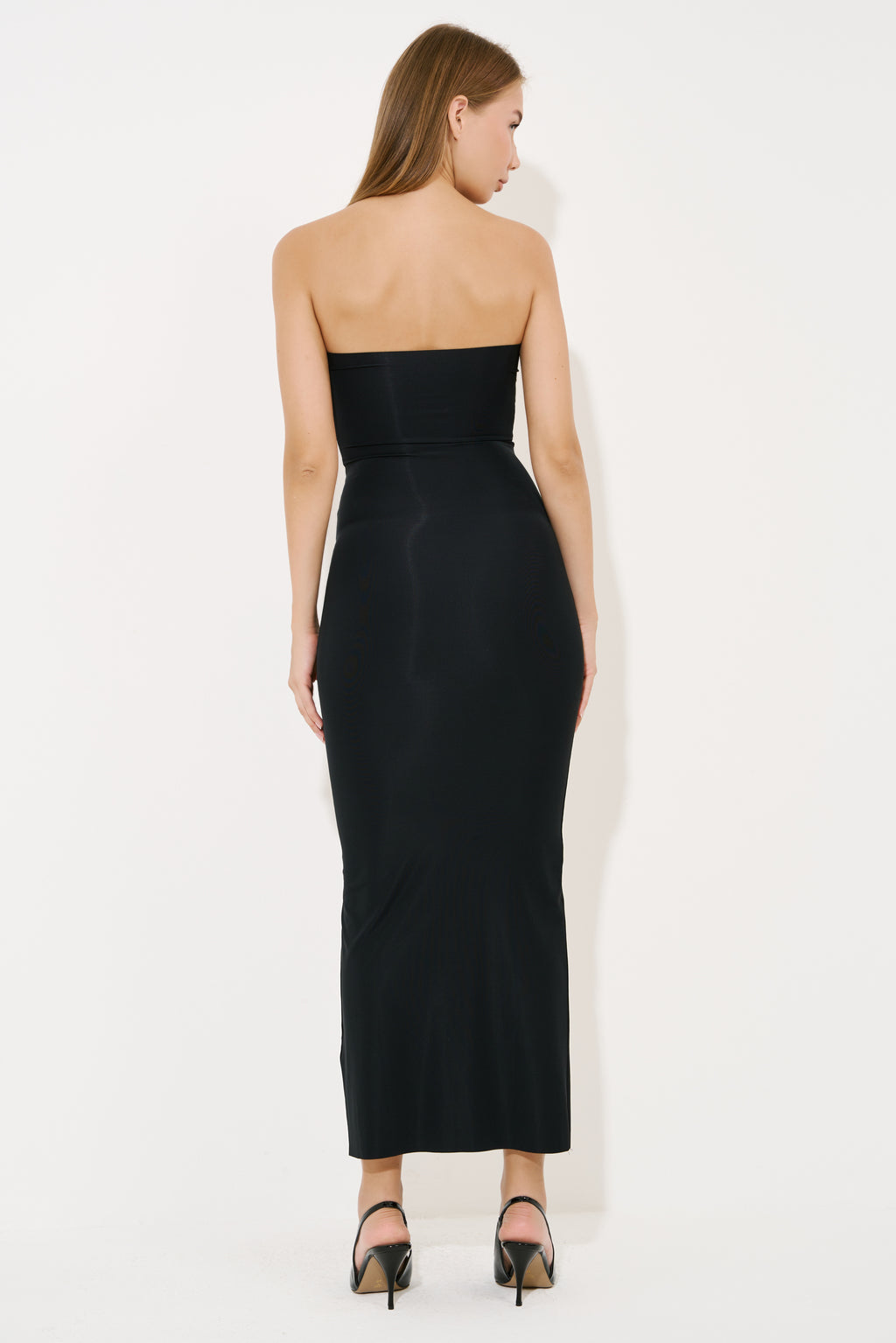 Straplez Kesim Uzun Astar Elbise - Black arka