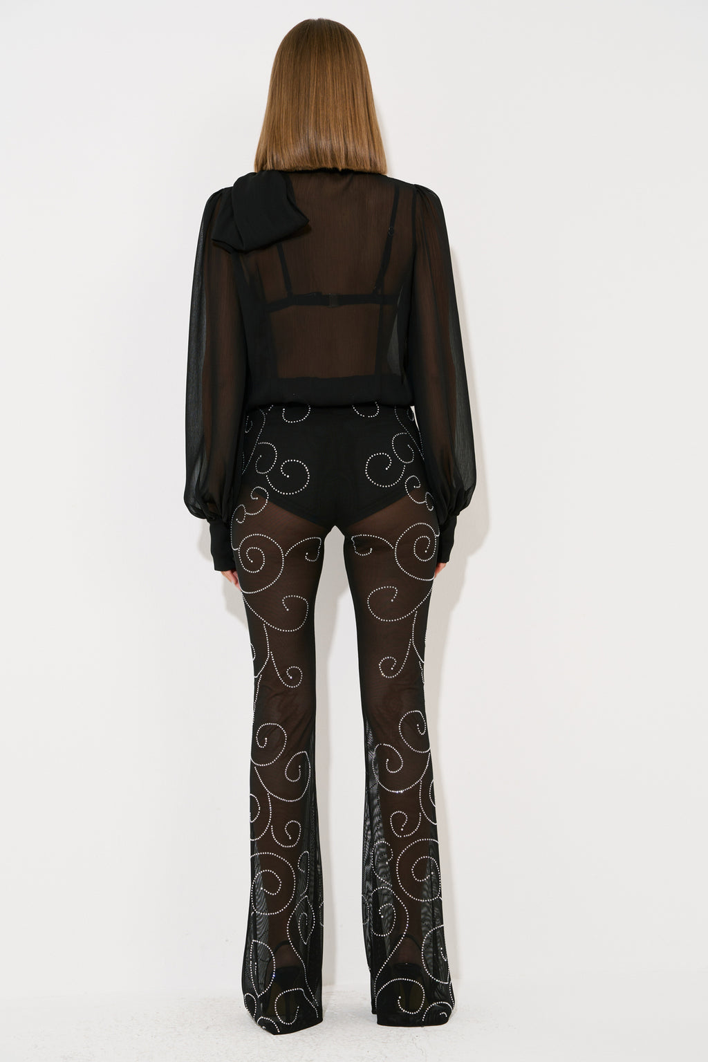 Kristal Taşlı Transparan Tül Pantolon - Black arka