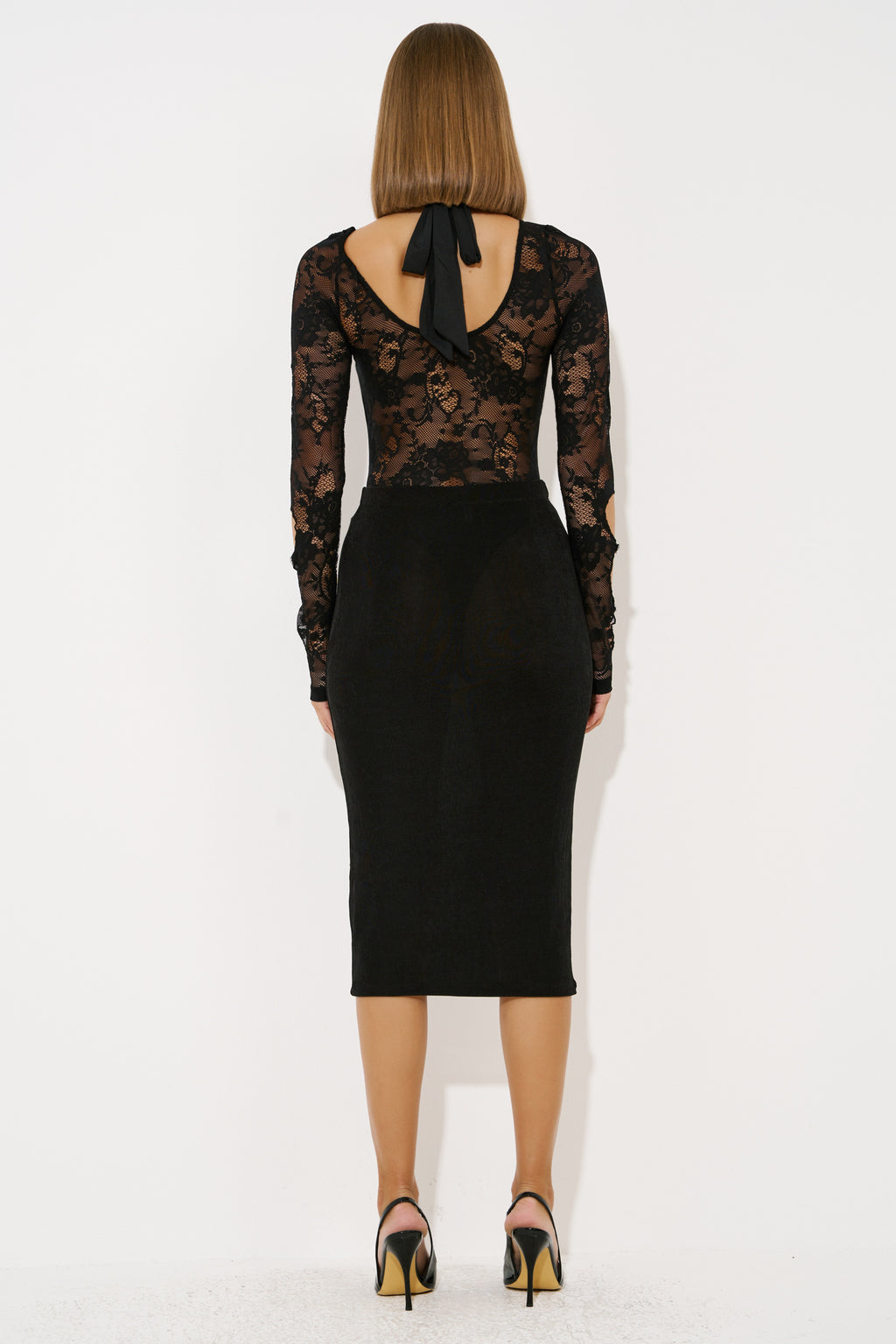 Boyundan Bağlamalı Dantel Bodysuit - Black arka