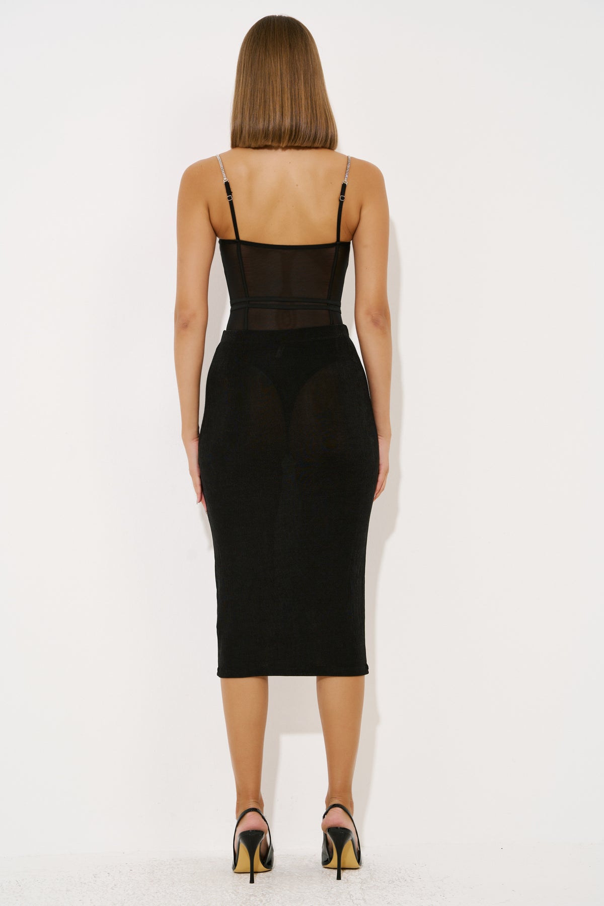 Taş Askılı Tül Bodysuit - Black arka