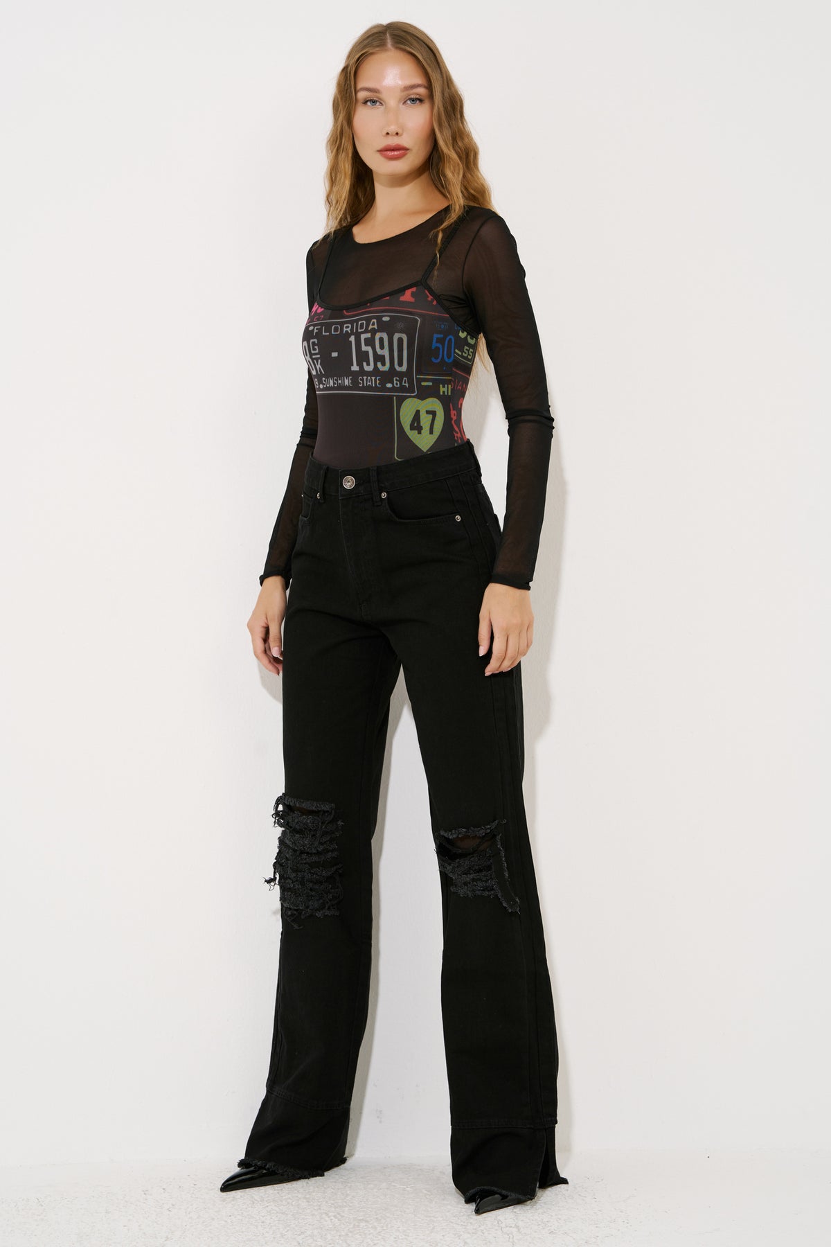 Paçası Yırtmaç Detaylı Kot Pantolon - Black ön