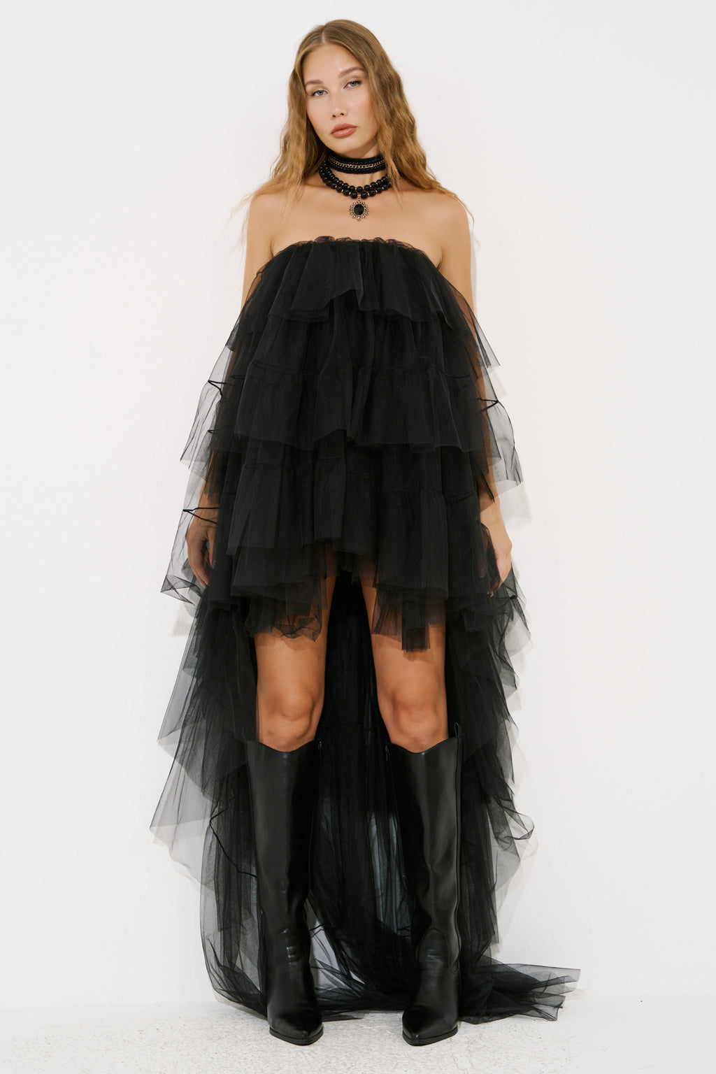 Tül Detaylı Straplez Mini Elbise - Black ön