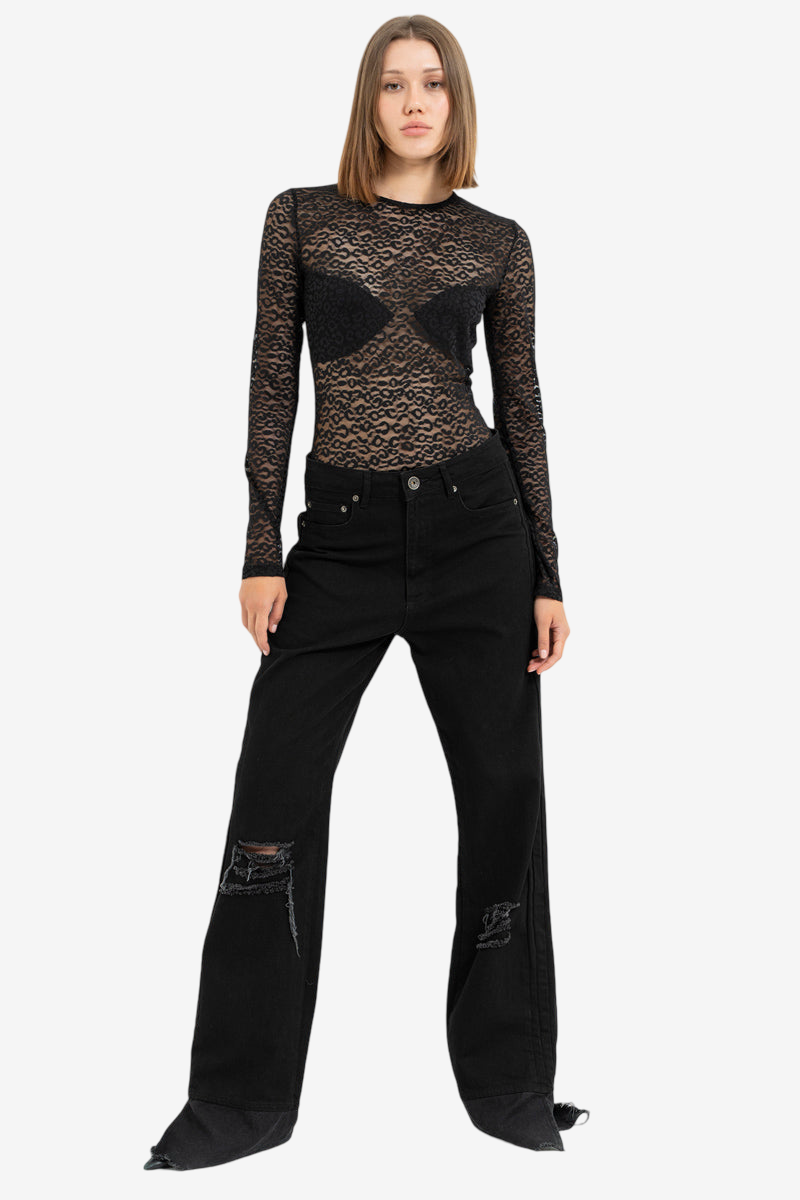 Uzun Kollu Transparan Bodysuit
