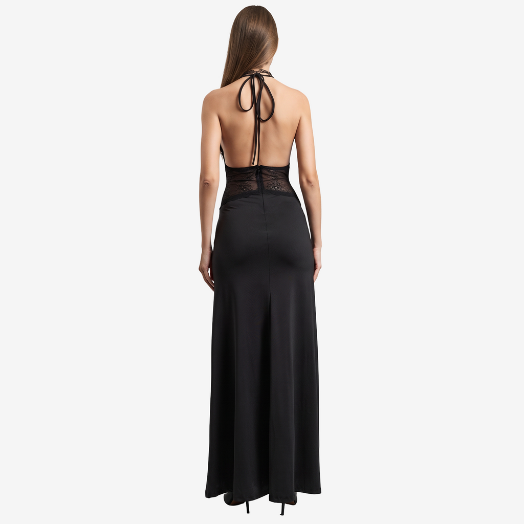 Halter Yaka Dantel Detaylı Uzun Elbise