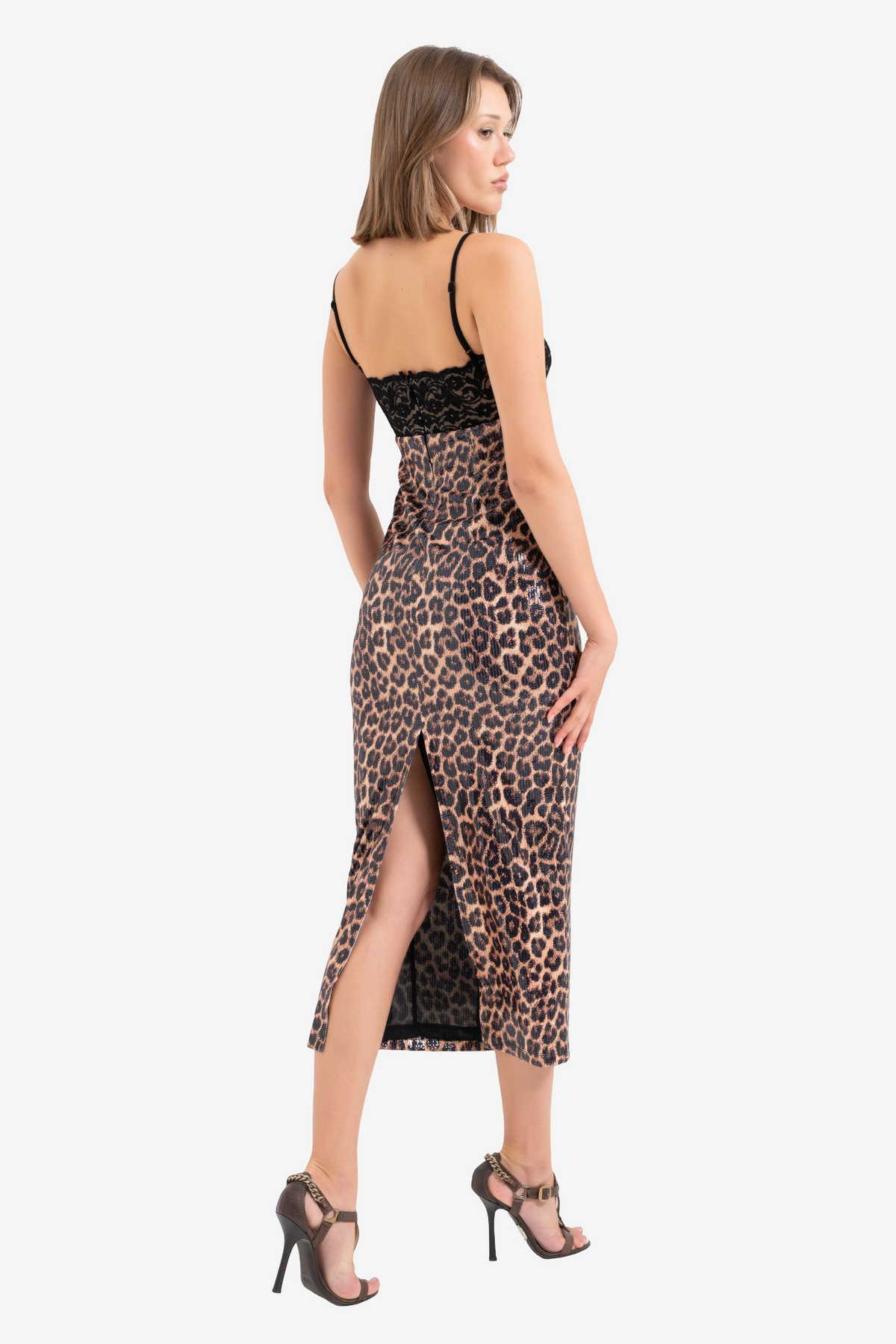 Leopar Dantel Büstiyerli Yırtmaçlı Midi Elbise