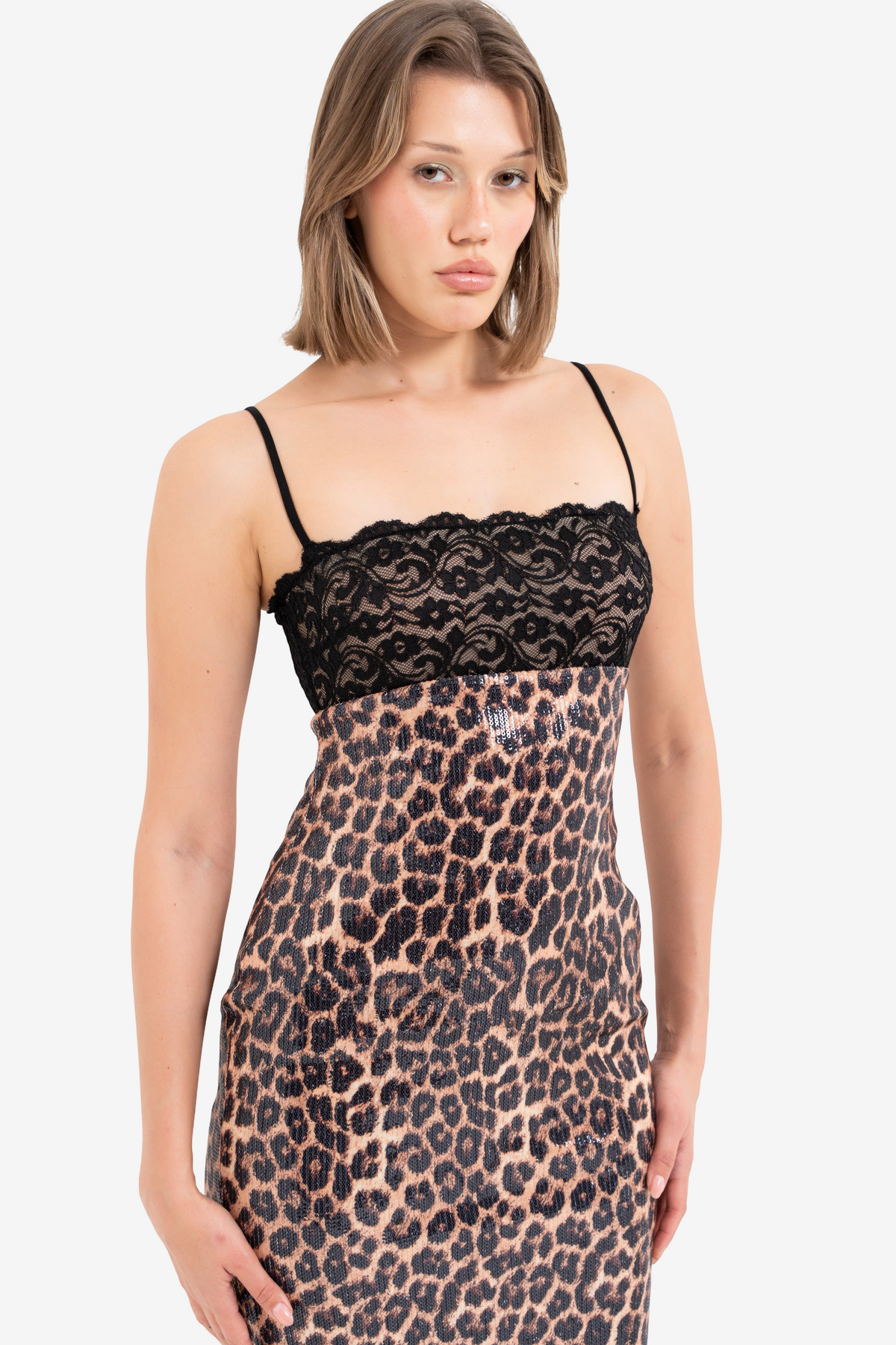 Leopar Dantel Büstiyerli Yırtmaçlı Midi Elbise
