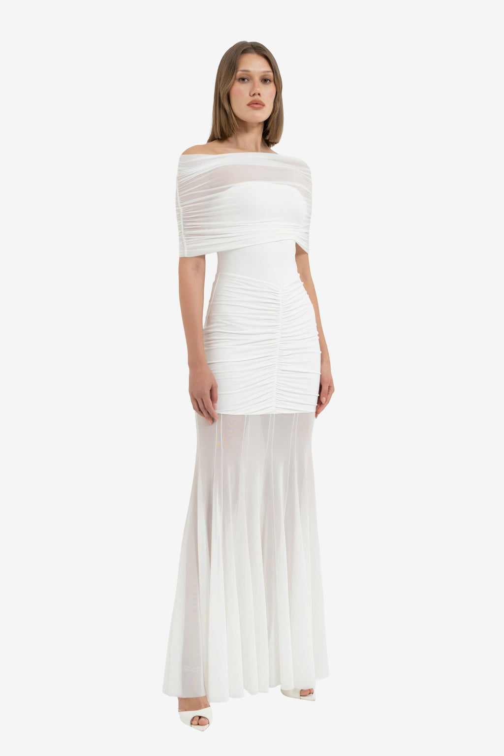 Omuz Dekolteli Drape Tül Elbise Offwhite - Ön