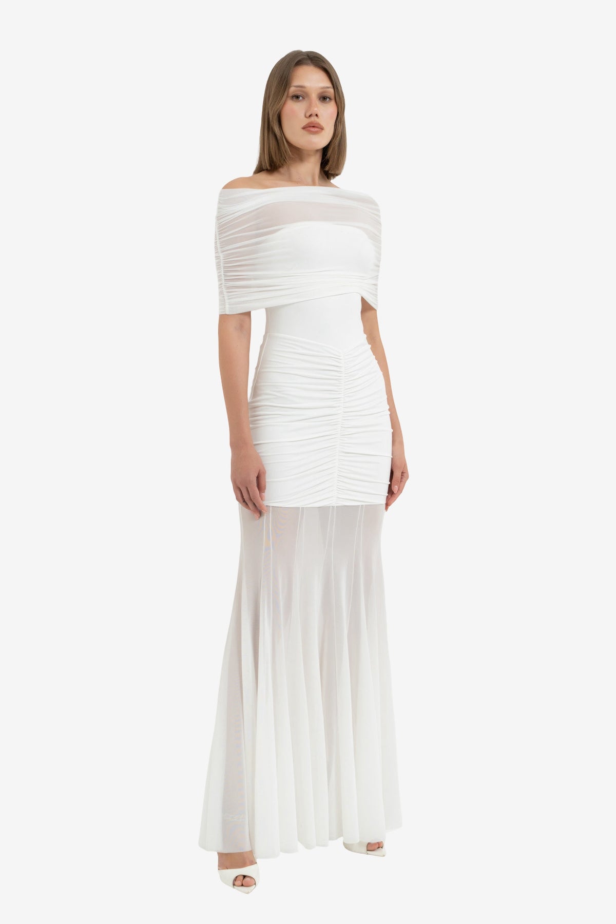 Omuz Dekolteli Drape Tül Elbise Offwhite - Ön