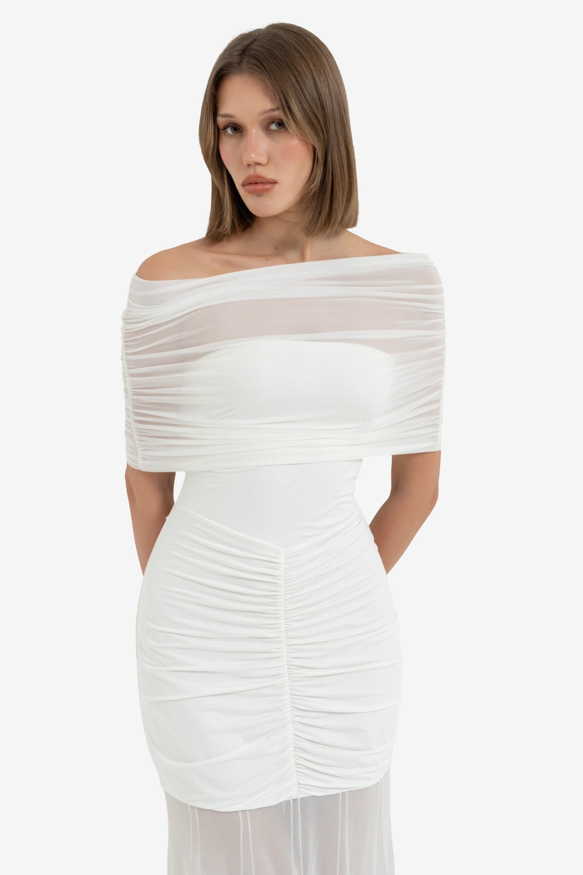 Omuz Dekolteli Drape Tül Elbise Offwhite - Detay