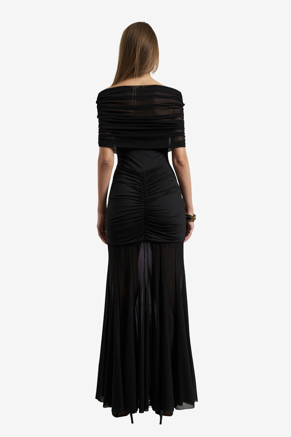 Omuz Dekolteli Drape Tül Elbise Black - Arka
