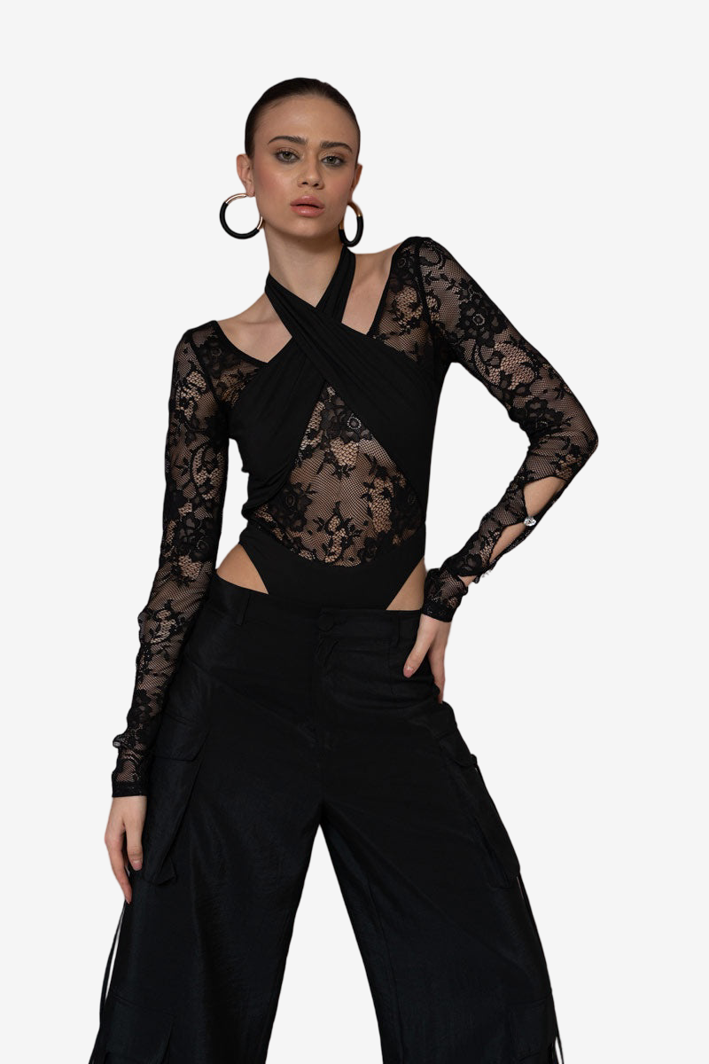 Boyundan Bağlamalı Dantel Bodysuit - Black