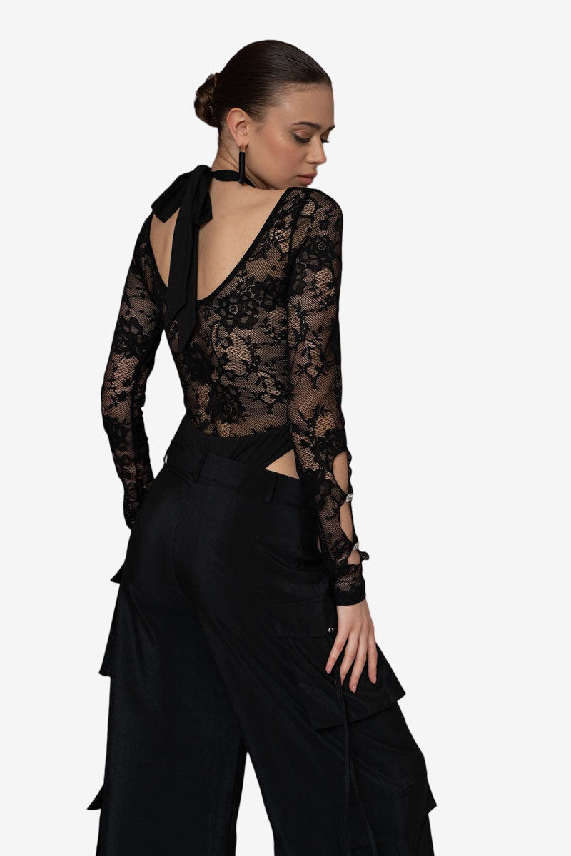 Boyundan Bağlamalı Dantel Bodysuit - Black