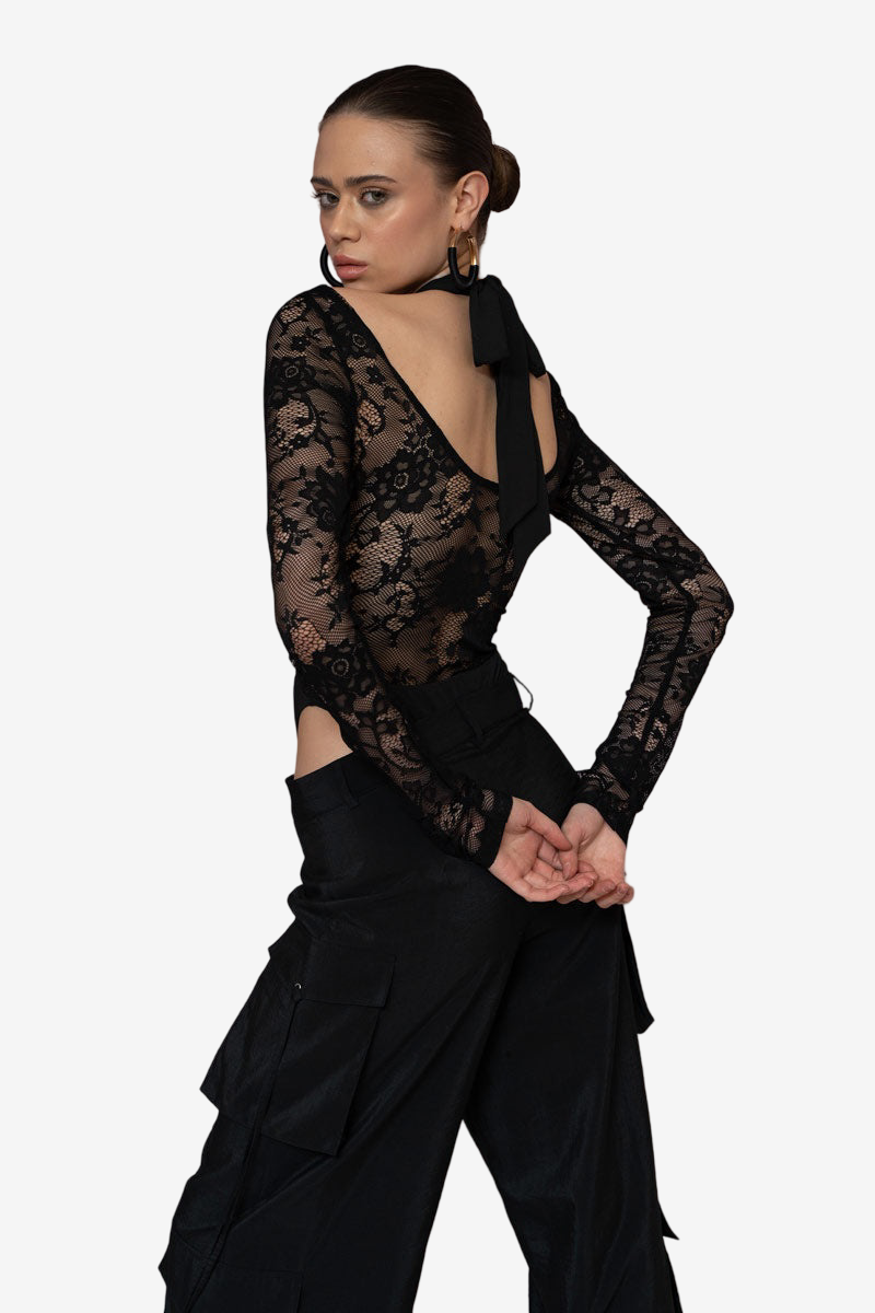 Boyundan Bağlamalı Dantel Bodysuit - Black