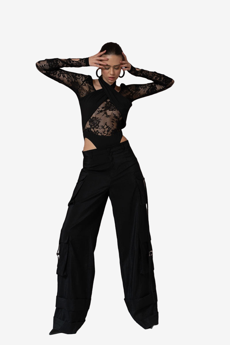 Boyundan Bağlamalı Dantel Bodysuit - Black