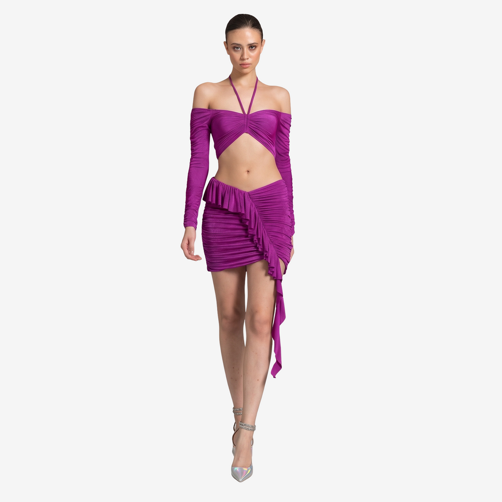 Büzgülü Crop Bluz Mini Etek Takım