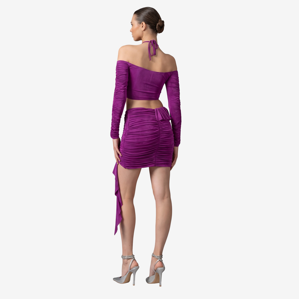 Büzgülü Crop Bluz Mini Etek Takım
