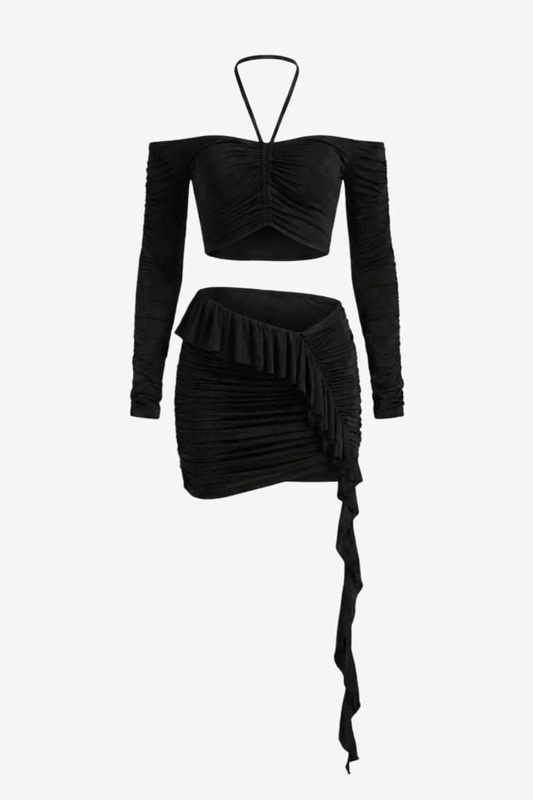 Büzgülü Crop Bluz Mini Etek Takım