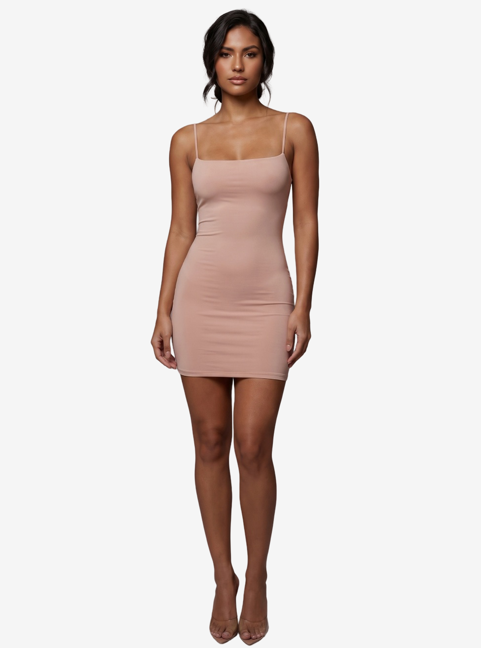 İp Askılı Dar Mini Elbise - Nude duruş