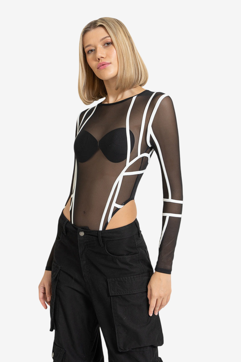 Kontrast Biyeli Transparan Body - Black