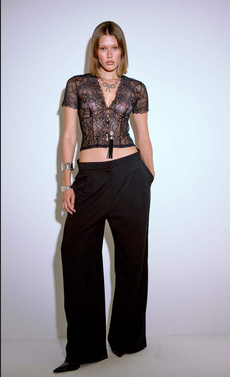 Kısa Kollu Transparan Dantel Crop Bluz